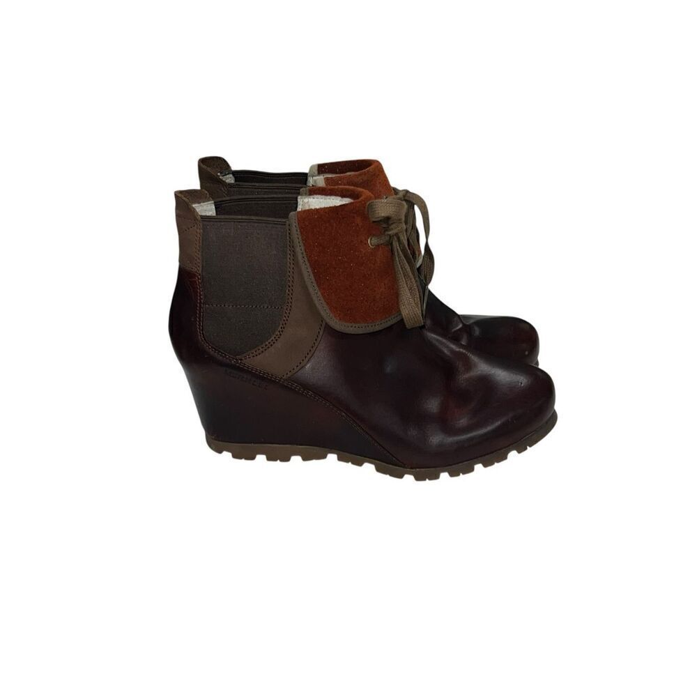 Merrell Cinnamon Smooth Brown Leather Wedge Bootie Ankle Boots Women's 10